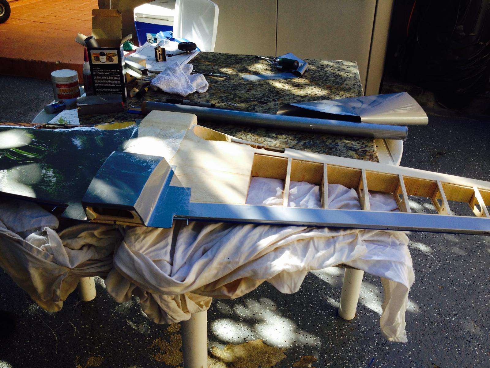 P-51 Mustang wing and fuselage during balsa wood construction